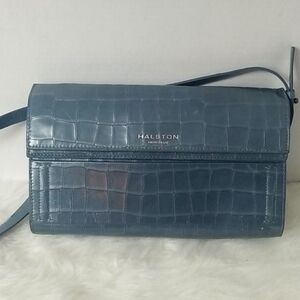 Halston Heritage Croc-Embossed Blue Leather Crossbody Bag